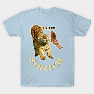 Stretch exercise by a tiger and a cat - gold text T-Shirt